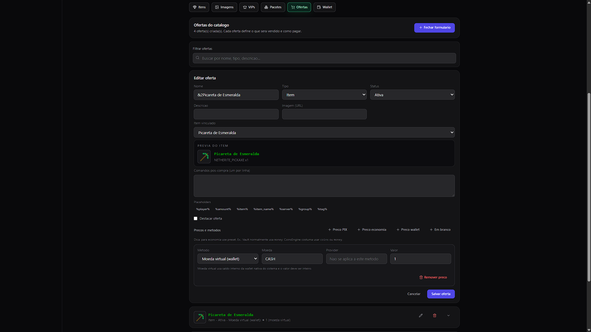 Tela de edição de oferta