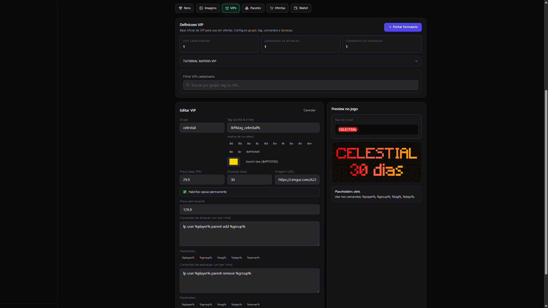 Tela de configuração de VIP